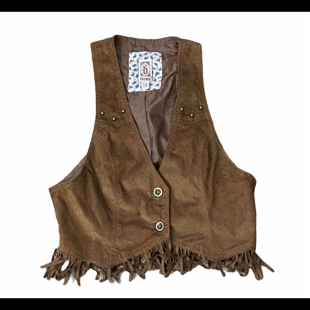 Decree Brown Button Down Vest with Fringe